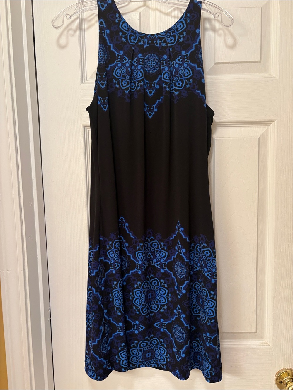 Black Dress with Blue Medallion Print - Sleeveless A-Line